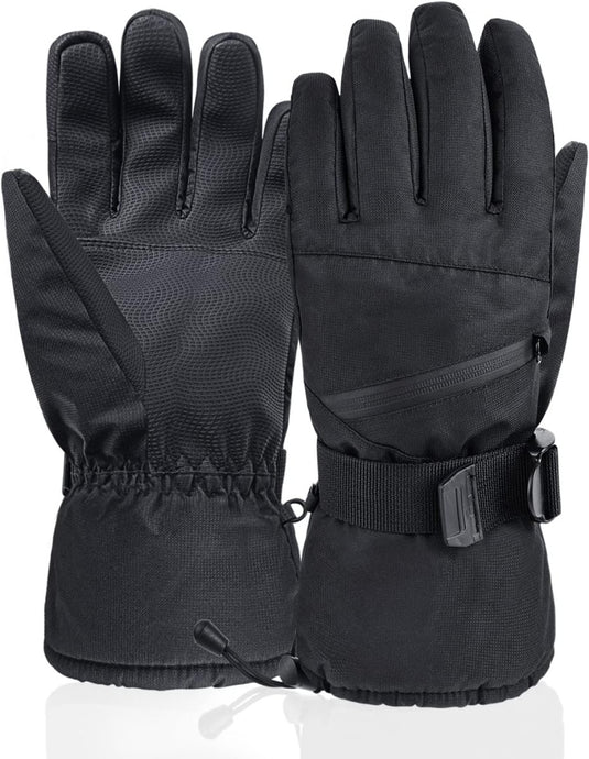 De "Houd je handen warm en geniet van de wintersport met deze skihandschoenen" zijn zwart met verstelbare polsbanden, een klein zakje met ritssluiting, getextureerde handgrepen en touchscreen-ondersteuning. Eén handschoen is met de palm naar boven gericht en de andere met de achterkant naar boven.
