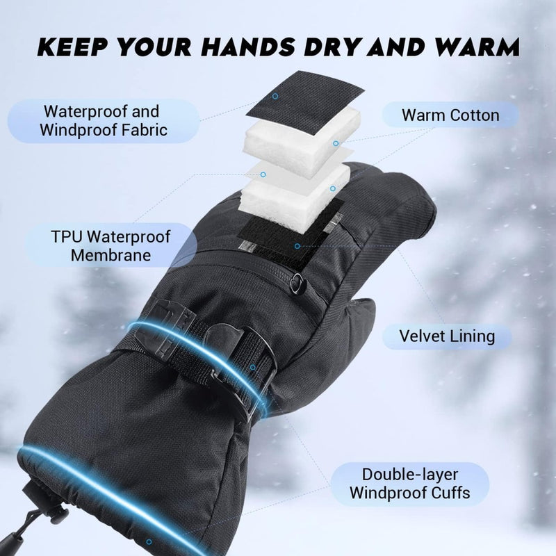 Laad afbeelding in Galerijviewer, Deze zwarte handschoenen zijn voorzien van een waterdichte, winddichte stof, TPU-membraan, warm katoen, fluwelen voering en dubbellaagse waterdichte manchetten. Ze bieden touchscreen-functionaliteit en zijn perfect om te skiën. De tekst luidt: “Houd je handen warm en geniet van de wintersport met deze skihandschoenen.”.
