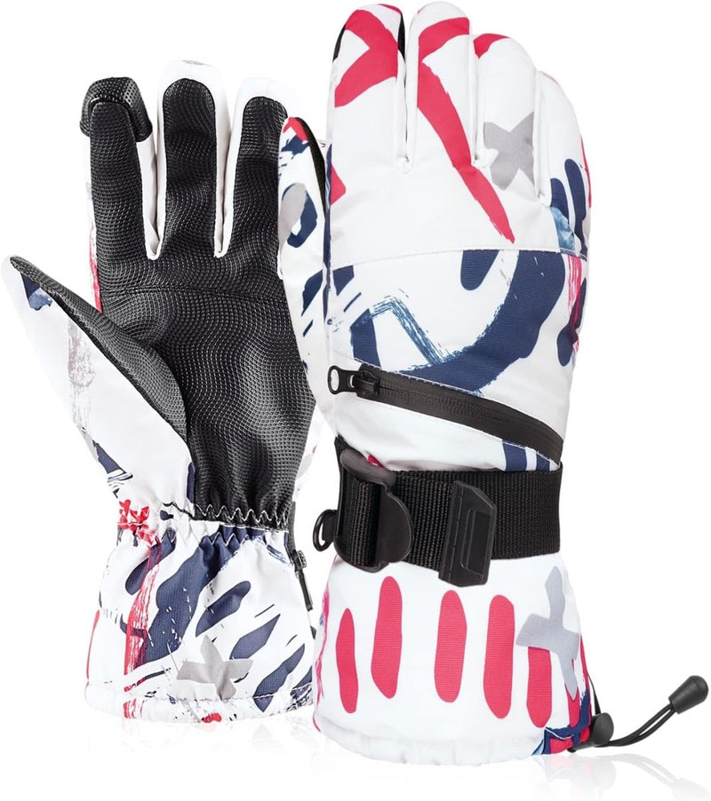 Laad afbeelding in Galerijviewer, Blijf warm en geniet van de wintersport met deze geïsoleerde skihandschoenen met abstracte rode, blauwe en grijze designs, verstelbare polsbandjes, een ritsvak op één handschoen, zwarte handpalmgrepen en touchscreen-functionaliteit.
