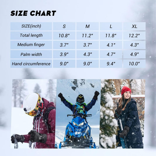 Maattabel voor "Houd je handen warm en geniet van de wintersport met deze skihandschoenen" in inches: S (10.8", 3.7", 3.9", 9.0"), M (11.2", 3.9", 4.3", 9.2"), L (11.8", 4.1", 4.7", 9.4"), XL (12.2").