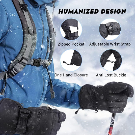 Een persoon in winteruitrusting houdt een skistok vast, wat de skihandschoenen benadrukt, voorzien van een zak met ritssluiting, verstelbare polsband, touchscreen-functionaliteit, anti-verliesgesp en sluiting met één hand. De tekst luidt: "Houd je handen warm en geniet van de wintersport met deze skihandschoenen.