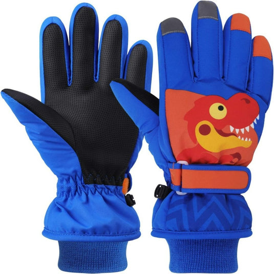 Deze blauwe winterhandschoenen voor kinderen hebben een cartoondinosaurus, verstelbare polsbanden, getextureerde zwarte handpalmen voor grip en zijn waterdicht om kleine handjes warm en droog te houden tijdens sneeuwavonturen. Perfect als skihandschoenen voor kinderen!.