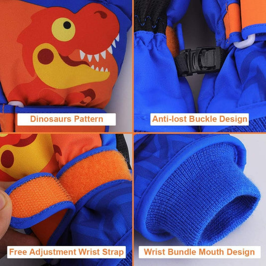 Deze kinderskihandschoenen, ontworpen om uw kinderen warm en comfortabel te houden in de winter, hebben een dinosauruspatroon, anti-verlies gesp, verstelbare polsband, polsbundel mondontwerp en antislip grip. Tekstlabels benadrukken elke eigenschap van deze waterdichte handschoenen.