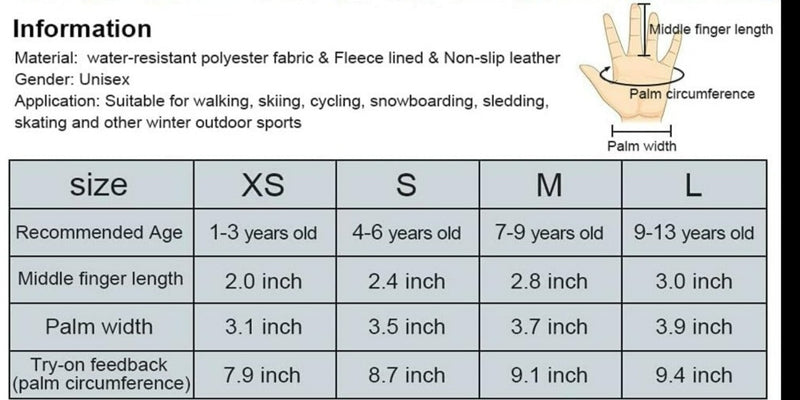 Laad afbeelding in Galerijviewer, Maattabel voor &quot;Houd je kinderen warm en comfortabel tijdens de winter met deze skihandschoenen voor kinderen&quot;: XS-L maten voor kinderen van 1-13 jaar, met details over middelvingerlengte, handpalmbreedte en omtrek. Gemaakt van polyester, fleece, leer met antisliphandgreep voor veiligheid.
