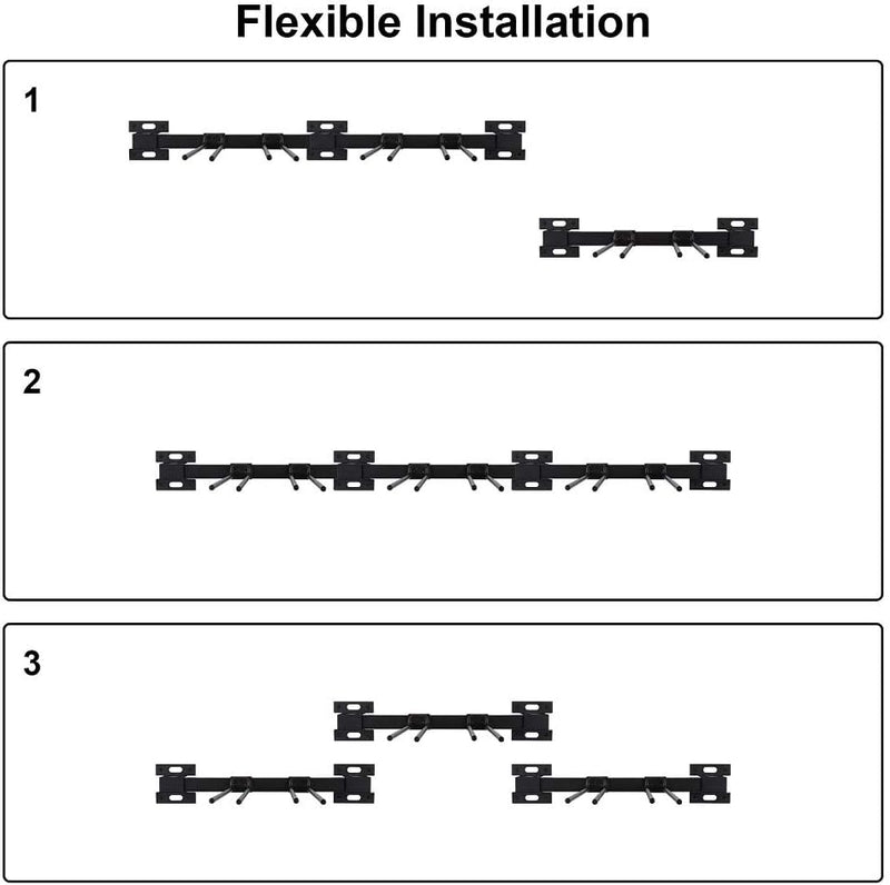 Laad afbeelding in Galerijviewer, De afbeelding toont drie installatieopties met behulp van connectoren: lineair (1), licht verschoven (2) en afzonderlijke segmenten (3). Deze configuraties zijn gemaakt van hoogwaardig metaal en zijn ideaal voor het organiseren van uw ski&#39;s en snowboards met onze ski- en snowboardhouder.
