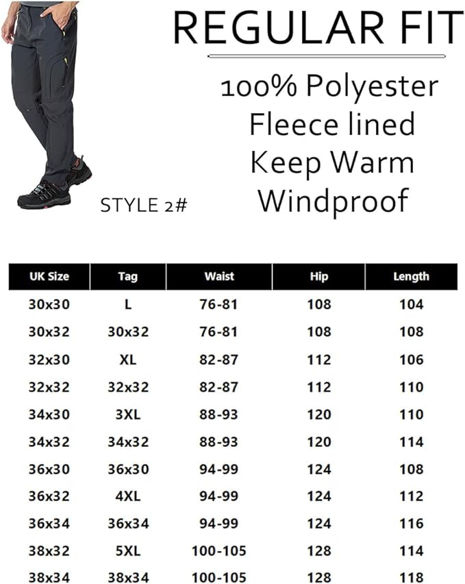 Laad afbeelding in Galerijviewer, Afbeelding van een zwarte, met fleece gevoerde broek met winddichte, ademende kenmerken met het label &quot;Regular Fit&quot;, verkrijgbaar in de Britse maten L-5XL met gedetailleerde afmetingen. Ideaal als wandel- en skibroek door zijn waterafstotende kwaliteit, de &quot;Houd je warm en comfortabel in de koude met de heren wandel en skibroek!.
