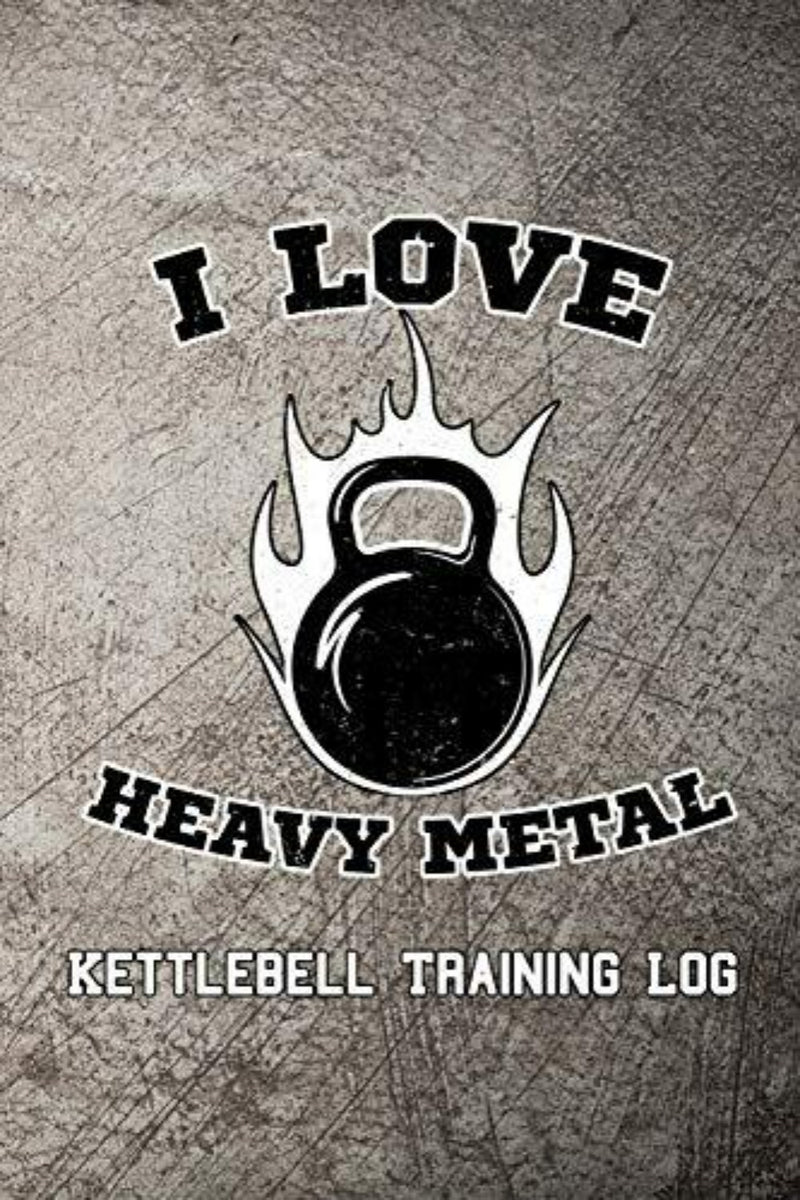 Laad afbeelding in Galerijviewer, Het &quot;I Love Heavy Metal Kettlebell Training Log&quot; bevat tekst op een gestructureerde achtergrond, een vlammende kettlebell-afbeelding en is ideaal voor het verbeteren van uw fitnessreis door kettlebell-trainingen effectief bij te houden.
