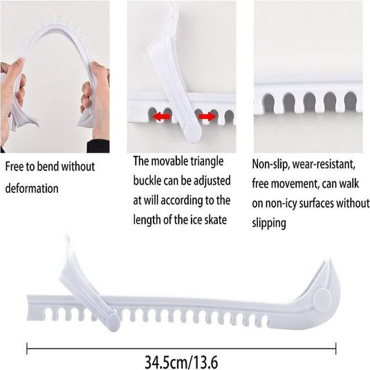 Afbeelding van een witte schaatsbeschermer met verstelbare gesp. Antislip en biedt slijtagebescherming, perfect voor niet-ijzige oppervlakken. Lengte: 34,5 cm. Product: Schaatsbeschermers: houd je schaatsen in topconditie.