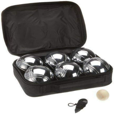 Beleef overal plezier en verbinding met onze hoogwaardige jeu de boules-set, inclusief zes stalen kogels, een klein houten butje, een meetlint en een open zwarte draagtas.