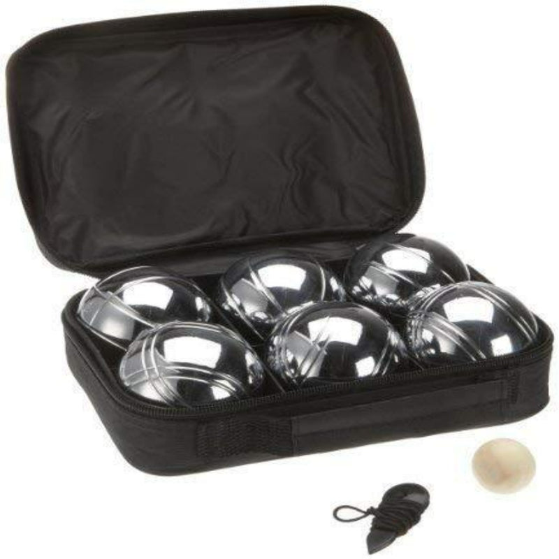 Laad afbeelding in Galerijviewer, Beleef overal plezier en verbinding met onze hoogwaardige jeu de boules-set, inclusief zes stalen kogels, een klein houten butje, een meetlint en een open zwarte draagtas.
