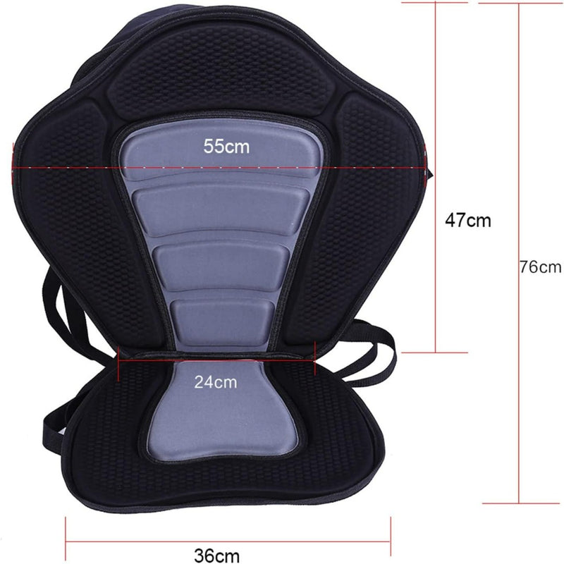 Load image into Gallery viewer, Het &quot;Sup zitje&quot; is een grijs en zwart ergonomisch rugkussen gemaakt van waterbestendig materiaal met de afmetingen: 55cm bovenbreedte, 36cm onderbreedte, 24cm zitbreedte en 76cm hoogte voor comfortabele ondersteuning, perfect om uw kajak- of kano-ervaring te verbeteren.
