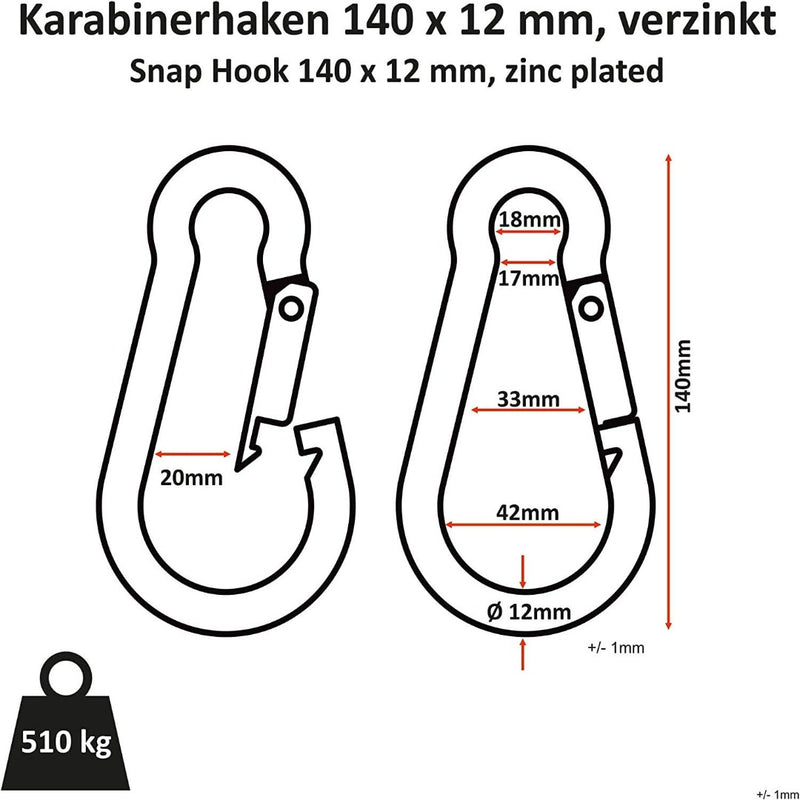 Load image into Gallery viewer, Schema van een verchroomde karabijnhaak van 140 x 12 mm, ideaal voor veelzijdig gebruik. Gemaakte afmetingen labels: 18mm, 17mm, 33mm, 42mm, en 20mm. Gewichtscapaciteit van 510 kg met een tolerantie van +/-1 mm maakt deze duurzame haken voor diverse toepassingen.
