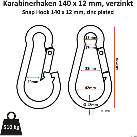 Schema van een verchroomde karabijnhaak van 140 x 12 mm, ideaal voor veelzijdig gebruik. Gemaakte afmetingen labels: 18mm, 17mm, 33mm, 42mm, en 20mm. Gewichtscapaciteit van 510 kg met een tolerantie van +/-1 mm maakt deze duurzame haken voor diverse toepassingen.