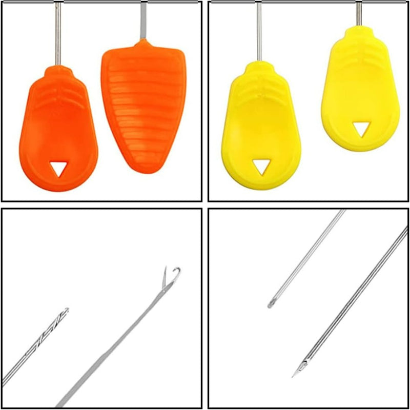 Load image into Gallery viewer, Vier afbeeldingen met gereedschappen van &quot;Karper haken en rigs&quot;: linksboven ziet u twee oranje gripgereedschappen, rechtsboven twee gele gripgereedschappen, linksonder een haakgereedschap voor karper haken rigs en rechtsonder twee naaldachtige gereedschappen die ideaal zijn voor boiliestoppers.
