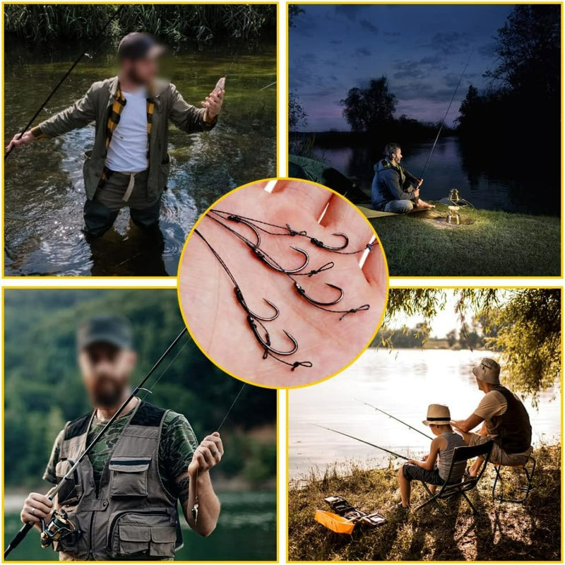 Load image into Gallery viewer, Een collage van visscènes: een visser in een rivier, een nachtkamp met de uitrusting &quot;Karper haken en rigs&quot;, close-up van karper haken op een handpalm, iemand die een hengel vasthoudt en een kind dat met een volwassene aan het vissen is bij een meer.
