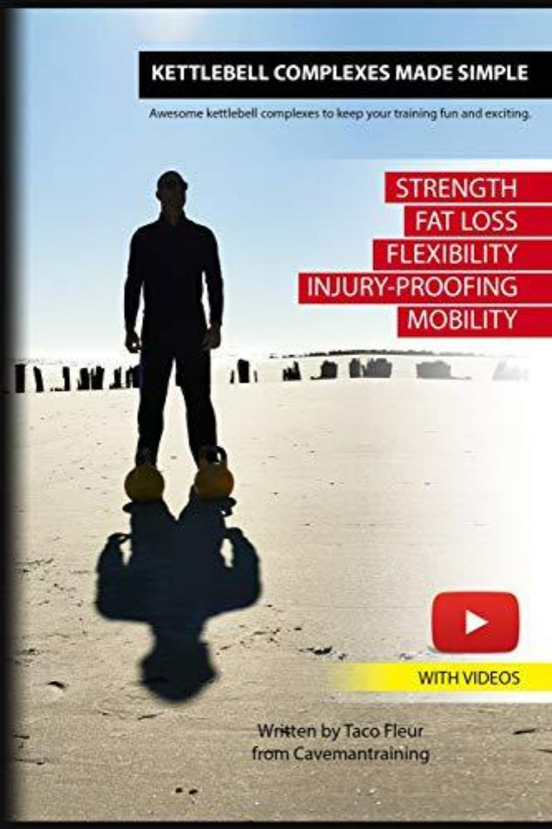 Laad afbeelding in Galerijviewer, Een silhouet van een persoon op een strand met kettlebells promoot de fitnessgids &quot;Kettlebell Complexes Made Simple&quot;. Deze gids bevat aantrekkelijke kettlebellcomplexen die de kracht vergroten en helpen bij vetverlies.
