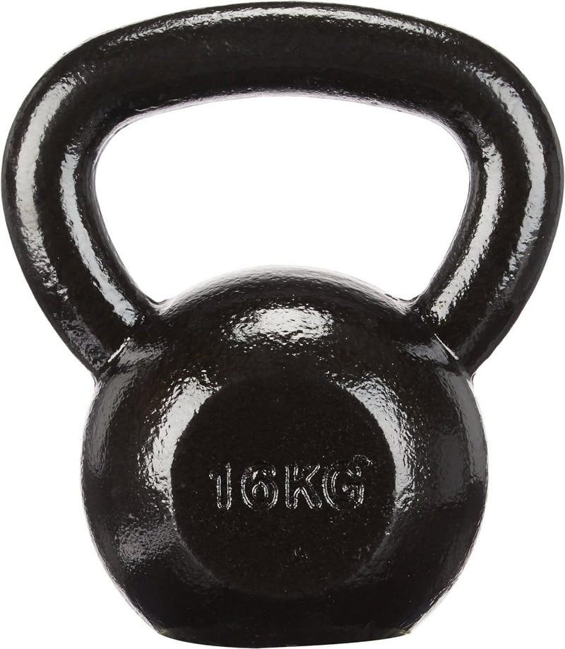 Load image into Gallery viewer, De Kettlebell: de ultieme fitnesstool voor iedereen is een strakke zwarte 16kg zware kettlebell met een gladde afwerking en breed handvat, perfect voor weerstandstrainingsoefeningen.

