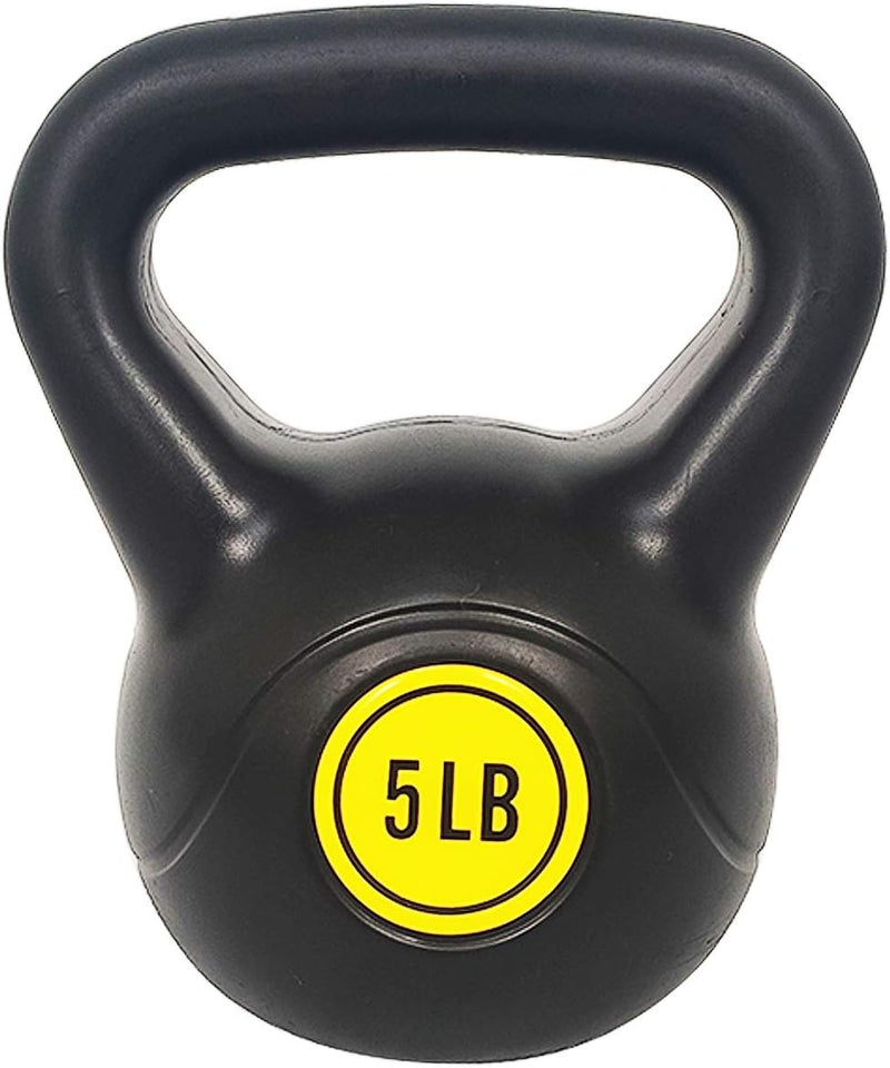 Load image into Gallery viewer, Een zwarte kettlebell van 5 pond met een geel label, ideaal voor lichaamstraining, is gemaakt van hoogwaardig vinyl en een essentieel onderdeel van de kettlebell-set: alles wat je nodig hebt voor een complete lichaamstraining.
