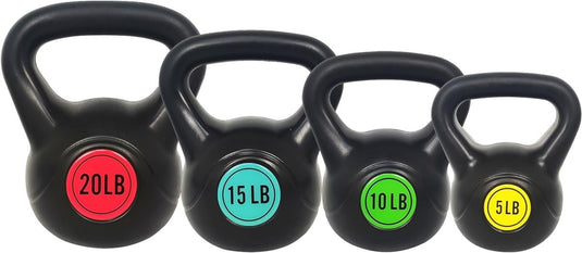 De "Kettlebell-set: alles wat je nodig hebt voor een complete lichaamstraining" bevat vier zwarte kettlebells met hoogwaardige vinylafwerkingen, elk gelabeld op gewicht: 20 LB (rood), 15 LB (blauw), 10 LB (groen) en 5 LB (geel) - waardoor het perfect is voor een veelzijdige trainingsroutine.