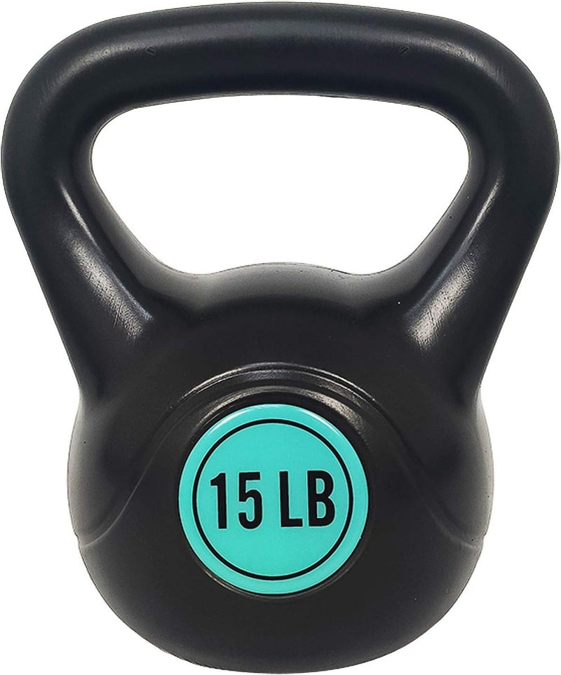 Load image into Gallery viewer, Een zwarte kettlebell uit een hoogwaardige set, &quot;alles wat je nodig hebt voor een complete lichaamstraining&quot;, heeft een blauwgroen cirkel met &quot;15 LB&quot; op de voorkant.

