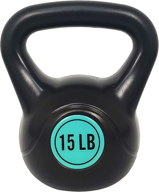 Een zwarte kettlebell uit een hoogwaardige set, "alles wat je nodig hebt voor een complete lichaamstraining", heeft een blauwgroen cirkel met "15 LB" op de voorkant.