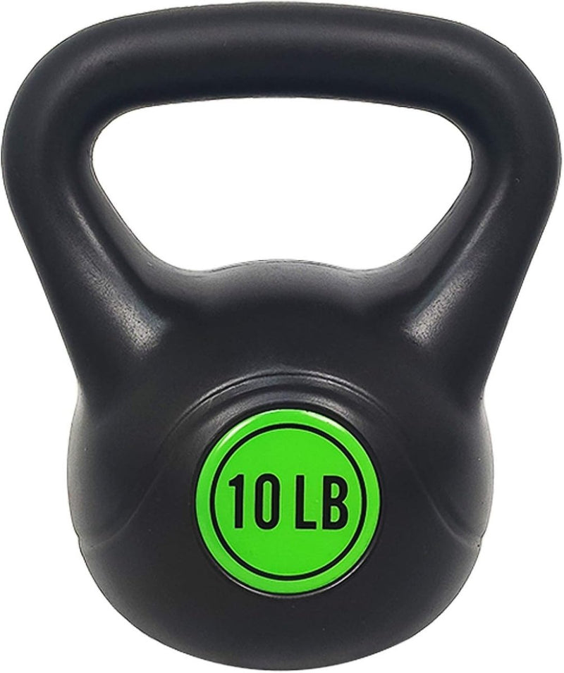 Load image into Gallery viewer, De slanke zwarte kettlebell, onderdeel van de &quot;Kettlebell-set: alles wat je nodig hebt voor een complete lichaamstraining&quot;, is voorzien van een groen label dat aangeeft dat hij 10 pond weegt en is gecoat met hoogwaardig vinyl voor duurzaamheid en comfort.
