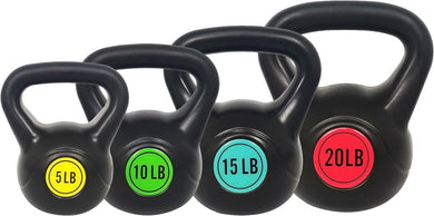 Een levendige kettlebell-set, gelabeld als 5 lb, 10 lb, 15 lb en 20 lb, heeft unieke kleuren voor elk gewicht en is gemaakt van hoogwaardig vinyl om je lichaamstrainingsessies te verbeteren. Deze Kettlebell set is alles wat je nodig hebt voor een complete lichaamstraining.