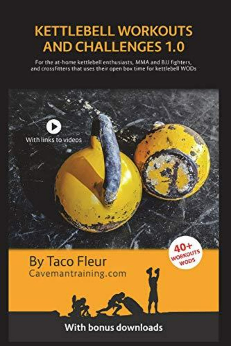 Load image into Gallery viewer, Boekomslag voor &quot;Kettlebell Workouts and Challenges 1.0&quot; door Taco Fleur; toont twee gele kettlebells op een zwarte achtergrond. Ontdek dynamische oefeningen met videolinks en bonusdownloads, ideaal voor thuisenthousiastelingen, MMA/BJJ-vechters en CrossFitters die open box-tijd gebruiken voor kettlebell WOD&#39;s.
