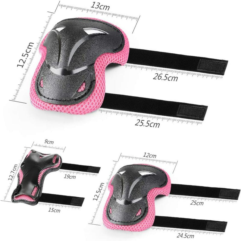 Laad afbeelding in Galerijviewer, Deze skatebeschermingsset voor kinderen in roze en zwart bevat knie-, elleboog- en polsbeschermers met afmetingen weergegeven voor volledige bescherming.
