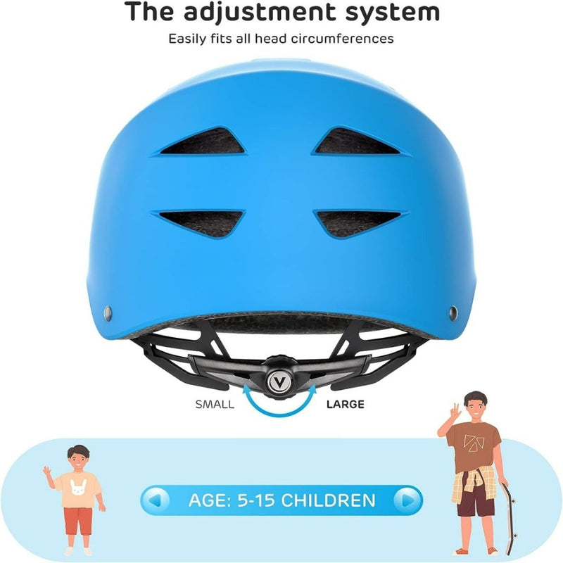 Laad afbeelding in Galerijviewer, De Skate bescherming set voor kinderen: veilig en comfortabel is een blauwe helm met een verstelbaar maatsysteem, geschikt voor kinderen van 5-15 jaar. Het zorgt voor veiligheid tijdens het skaten, met illustraties van kinderen naast de verstelgids voor eenvoudig gebruik.
