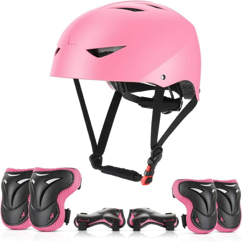Laad afbeelding in Galerijviewer, Een roze helm met zwarte banden wordt gecombineerd met de &quot;Skate beschermingsset voor kinderen: veilig en comfortabel&quot;, met bijpassende roze en zwarte knie-, elleboog- en polsbeschermers.
