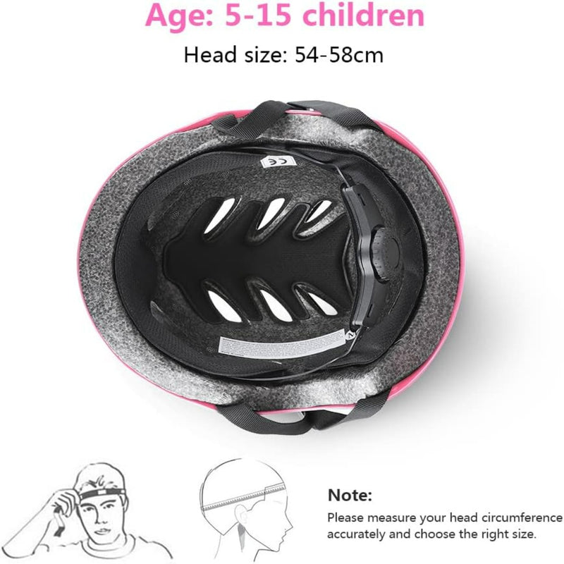 Laad afbeelding in Galerijviewer, De roze kinderhelm, onderdeel van de &quot;Skate beschermingsset voor kinderen: veilig en comfortabel&quot;, wordt ondersteboven afgebeeld met verstelbare banden en vulling voor volledige bescherming. Het is geschikt voor kinderen van 5-15 jaar, hoofdomtrek 54-58 cm. Een illustratie laat zien hoe u de hoofdomtrek kunt meten.
