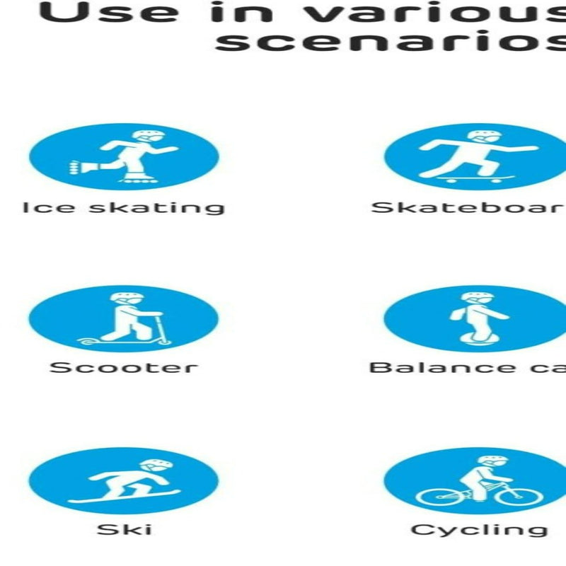 Laad afbeelding in Galerijviewer, De pictogrammen tonen stokfiguren die bezig zijn met verschillende activiteiten: schaatsen, skateboarden, steppen, balanceren op een bal, skiën en fietsen met de Skate bescherming set voor kinderen.
