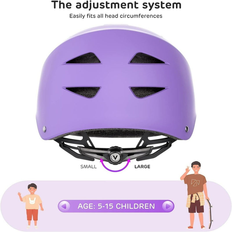 Laad afbeelding in Galerijviewer, De Skate bescherming set voor kinderen is een paarse helm geschikt voor kinderen van 5-15 jaar. Het beschikt over een verstelbaar systeem met een draaiknop voor een klein tot groot bereik, wat volledige bescherming biedt.
