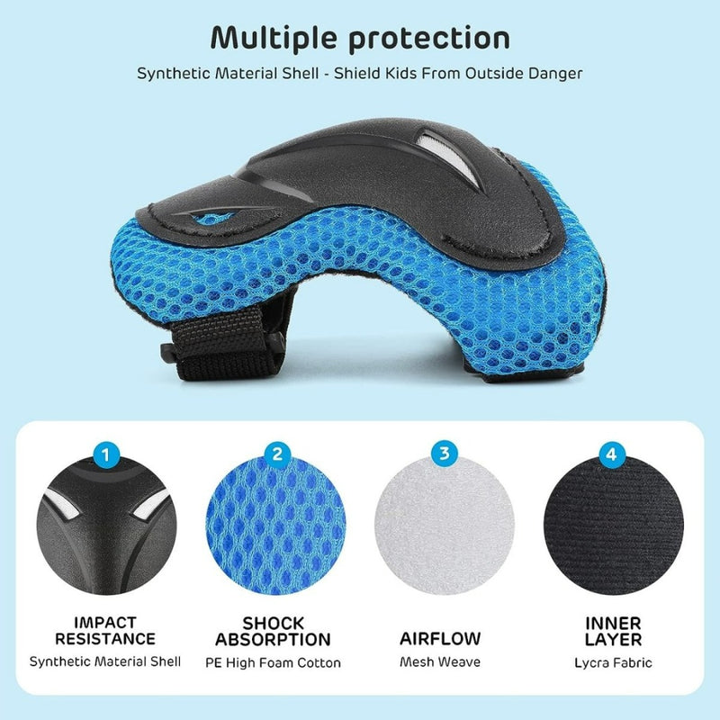 Laad afbeelding in Galerijviewer, De &quot;Skate beschermingsset voor kinderen: veilig en comfortabel&quot; omvat een zwarte synthetische schaal en blauwe mesh-demping voor volledige bescherming, met schokbestendigheid, schokabsorptie, luchtstroom en een lycra binnenlaag voor comfort.
