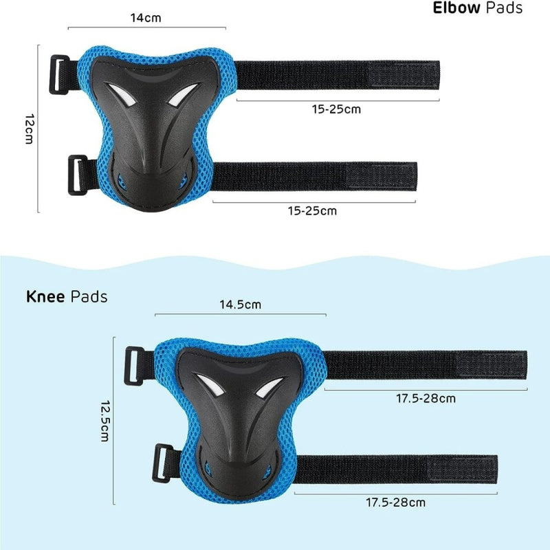 Laad afbeelding in Galerijviewer, Afbeelding van zwart-blauwe beschermende elleboog- en kniebeschermers met verstelbare banden, die volledige bescherming bieden. Afmetingen in centimeters voor beide soorten pads, ideaal voor elke schaatsbeschermingsset voor kinderen: veilig en comfortabel.
