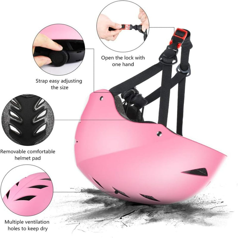 Laad afbeelding in Galerijviewer, De &quot;Skate beschermingsset voor kinderen: veilig en comfortabel&quot; bestaat uit een roze helm met volledige bescherming, waarbij de close-updetails van de verstelbare banden, uitneembare vulling en ventilatiegaten worden benadrukt.
