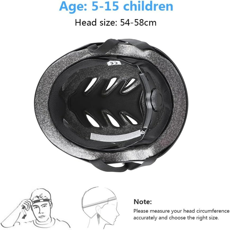 Laad afbeelding in Galerijviewer, De &quot;Skate beschermingsset voor kinderen: veilig en comfortabel&quot; bestaat uit een zwarte fietshelm voor kinderen van 5-15 jaar, passende hoofdmaat 54-58 cm. Het biedt volledige bescherming en wordt geleverd met een afbeelding voor het meten van de hoofdomtrek.
