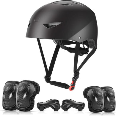 Zwarte helm met verstelbare banden en een skate beschermingsset voor kinderen, die volledige bescherming biedt met zwarte elleboogbeschermers, kniebeschermers en polsbeschermers.