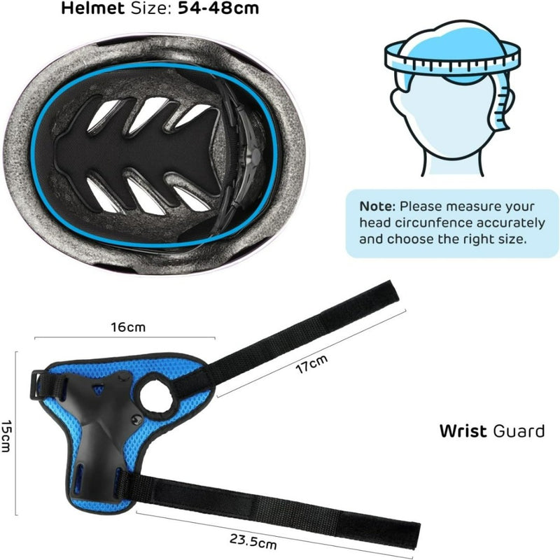 Laad afbeelding in Galerijviewer, Afbeelding van een &quot;Skate beschermingsset voor kinderen: veilig en comfortabel&quot; met een helm met een hoofdomtrek van 54-48 cm met meetillustratie en polsbeschermers van 16 cm, 17 cm en 23,5 cm. Ideaal voor volledige bescherming tijdens het skaten.
