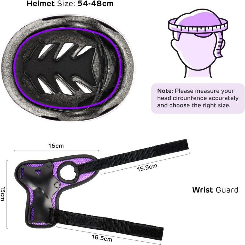 Laad afbeelding in Galerijviewer, De afbeelding toont een helm (54-48 cm) en polsbeschermers (18,5 cm, 15,5 cm). Meet de hoofdomtrek voor een goede pasvorm van de helm en zorg voor volledige bescherming in de Skate beschermingsset voor kinderen: veilig en comfortabel voor optimale bescherming.

