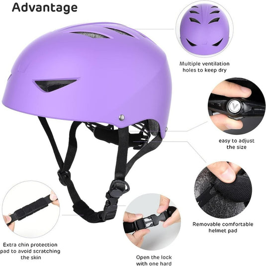Paarse helm met ventilatiegaten, een verstelbare riem, een kinbeschermingskussen en een verwijderbaar comfortkussen voor volledige bescherming. Close-up inzetstukken tonen details van de riemsluiting en het comfortkussen. Onderdeel van de Skate beschermingsset voor kinderen: veilig en comfortabel.