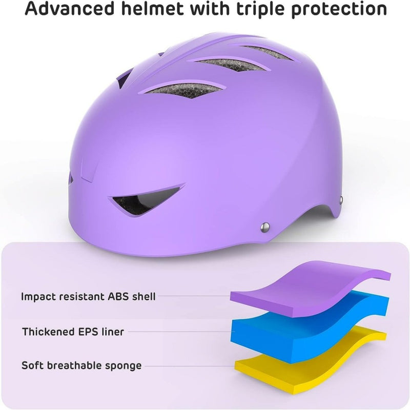 Laad afbeelding in Galerijviewer, Afbeelding van een paarse helm uit de &quot;Skate beschermingsset voor kinderen: veilig en comfortabel&quot;, met volledige bescherming met drievoudige bescherming: een slagvaste ABS-schaal, verdikte EPS-voering en een zachte, ademende sponslaag.
