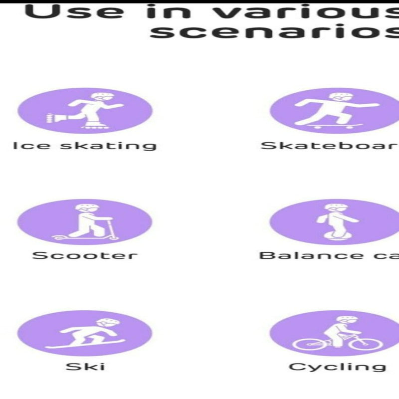 Laad afbeelding in Galerijviewer, Deze illustratie toont zes activiteiten: schaatsen, skateboarden, steppen, loopauto, skiën en fietsen, elk vertegenwoordigd door een figuur in een paarse cirkel. Zorg voor veiligheid met de &quot;Skate bescherming set voor kinderen: veilig en comfortabel&quot; voor volledige bescherming terwijl u plezier heeft.
