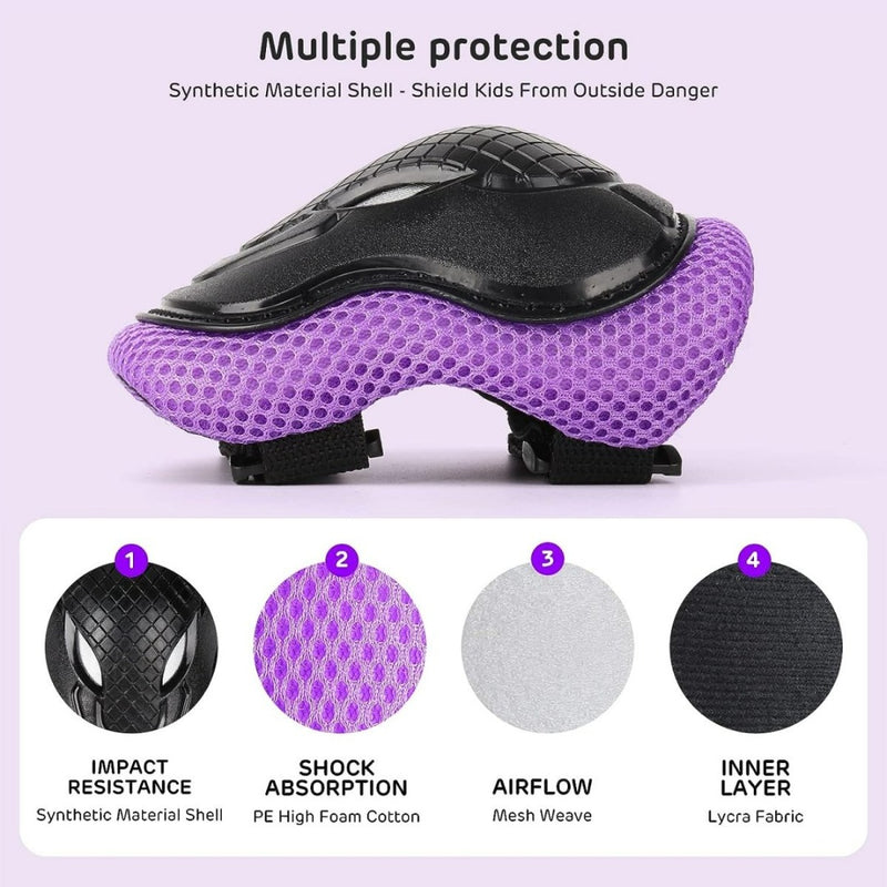 Laad afbeelding in Galerijviewer, Een afbeelding die de veiligheidskenmerken van een Skate bescherming set voor kinderen synthetisch, inclusief zijn synthetische behuizing, schokabs.
