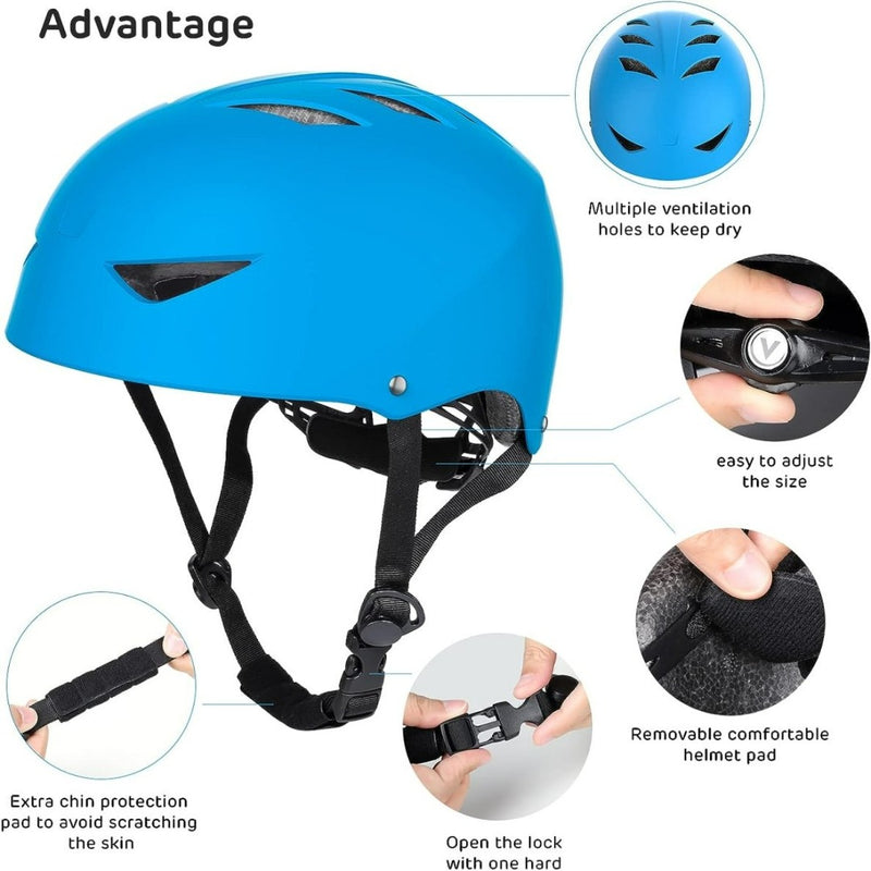 Laad afbeelding in Galerijviewer, Blauwhelm is voorzien van ventilatiegaten, verstelbare maat, extra kinkussen en uitneembare comfortvoering. Perfect voor volledige bescherming in je Skate beschermingsset voor kinderen: veilig en comfortabel. Gedetailleerde afbeeldingen tonen de verstelband en het helmvergrendelingsmechanisme.
