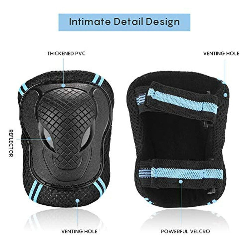 Load image into Gallery viewer, Diagram van &quot;Bescherm je kind tijdens het sporten met deze complete set skeeler bescherming&quot;, inclusief knie- en elleboogbeschermers, opvallende kenmerken zoals verdikt PVC, reflector, ventilatiegaten en sterk klittenband voor optimale bescherming tijdens het skaten.
