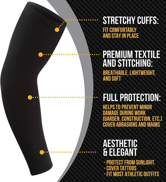 Blijf koel en beschermd met onze zwarte arm sleeves, met elastische manchetten voor comfort, ademende stof (ademend materiaal), UPF 50+ bescherming (bescherming) en esthetische elegantie voor tatoeagebedekking. Perfect voor veiligheid op het werk en het blokkeren van zonlicht.