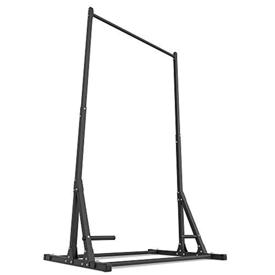 Het "Pull up en dip station - De ultieme krachttraining voor thuis" is een zwarte verstelbare gymnastiekstang met horizontale stang en stevige basis, ontworpen voor veelzijdige trainingen thuis of in de sportschool met verstelbare hoogte en complete krachttrainingsfuncties.