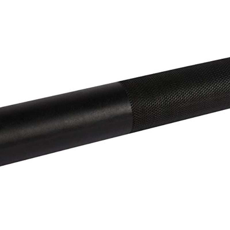 Load image into Gallery viewer, Close-up van een duurzame, zwart getextureerde metalen staaf met gladde en gekartelde handgreepgedeelten, ontworpen als de &quot;Halterstang met veersluiting voor professionele gebruikers: veilig en betrouwbaar&quot; voor verbeterde veiligheid.

